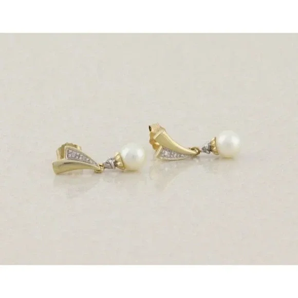 10k Yellow Gold Freshwater Pearl Earrings Dangle Drop - Picture 8 of 9